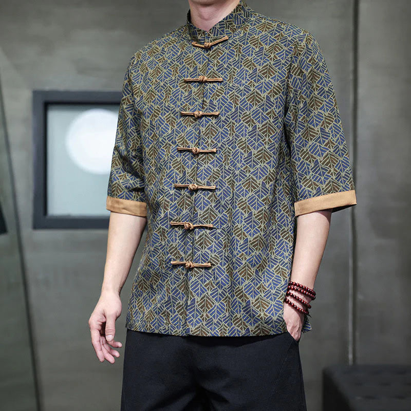 Buddha Stones Summer Colorful Floral Leaves Pattern Short Sleeve Frog-button Design Men's Cotton Shirt