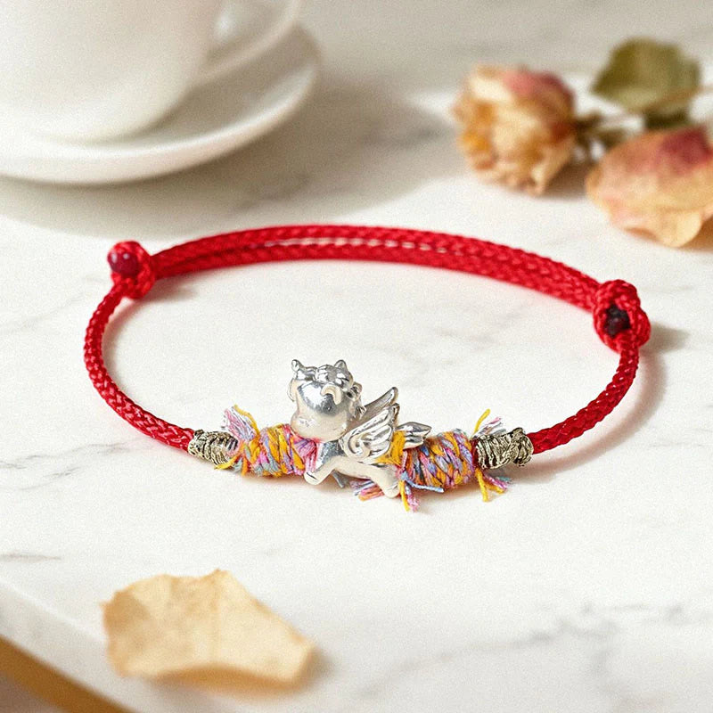 Buddha Stones Year of the Horse 999 Sterling Silver Winged Horse Fu Character Red String Luck Bracelet