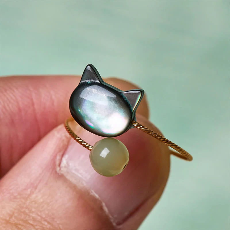 Buddha Stones Black Tridacna Stone Cat Jade Blessing Adjustable Ring