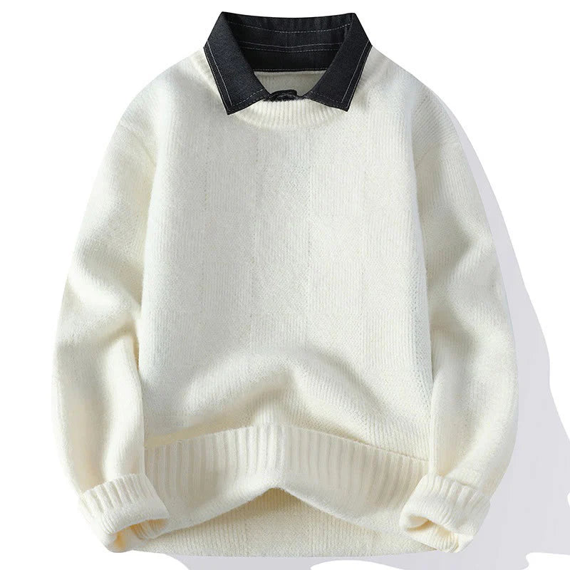 Buddha Stones Winter Black Stand Collar Plaid Pattern Warm Men's Long Sleeve Knitted Sweater
