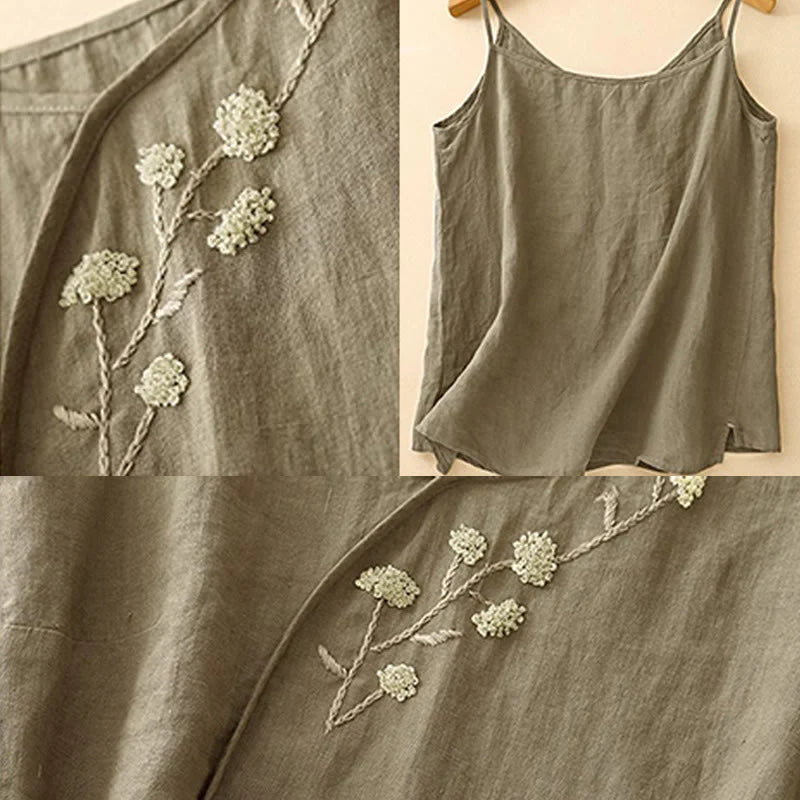 Buddha Stones Ethnic Embroidery Asymmetrical Design Women's Cotton Linen Sleeveless Vest