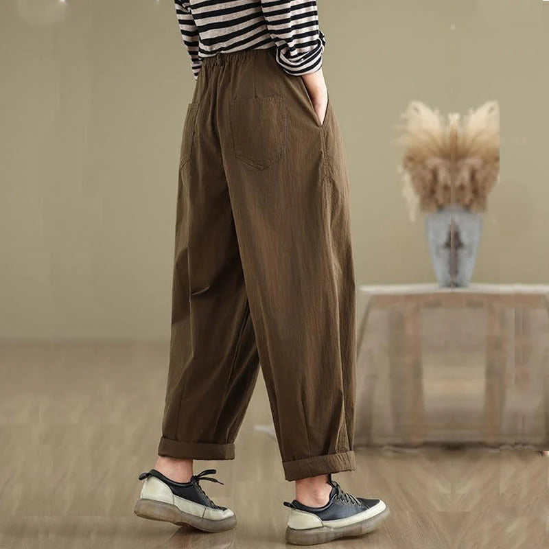 Buddha Stones Casual Solid Color One Top Button Elastic Waistband Women's Pants With Pockets