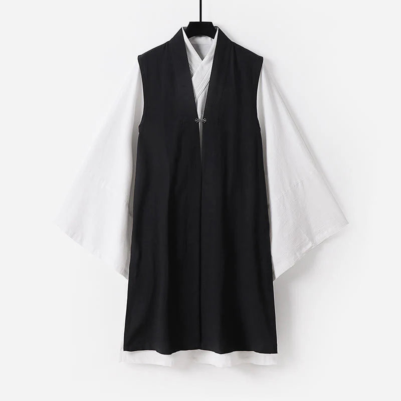 Buddha Stones 2Pcs Wudang Tai Chi Ceremony Solid Long Sleeve Men's Taoist Long Robe Kimono Sleeveless Vest Suit