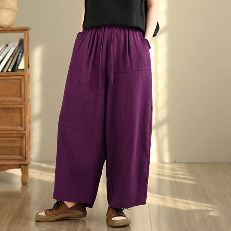 Buddha Stones Women's Fall Plain Color Drawstring Cotton Linen 7-8 Length Pants With Pockets