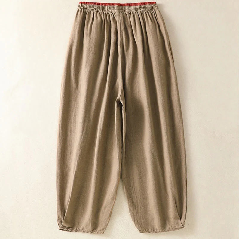Buddha Stones Casual Embroidery Women's Cotton Linen 7-8 Length Harem Pants With Pockets
