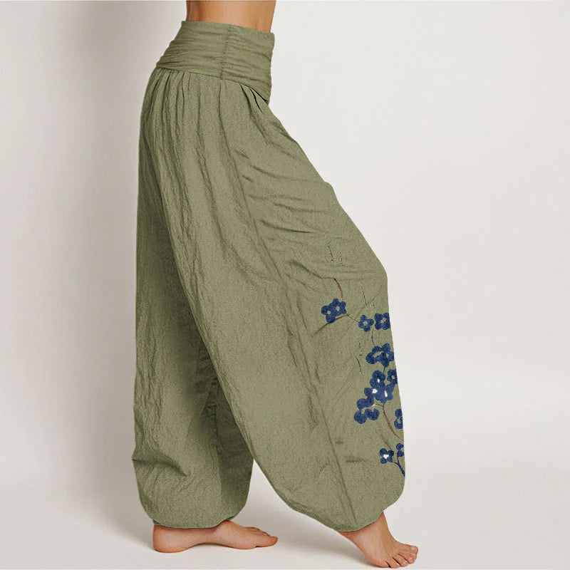 Buddha Stones Cotton Plum Bossom Calligraphy Pattern Women's Elastic Waist Harem Pants