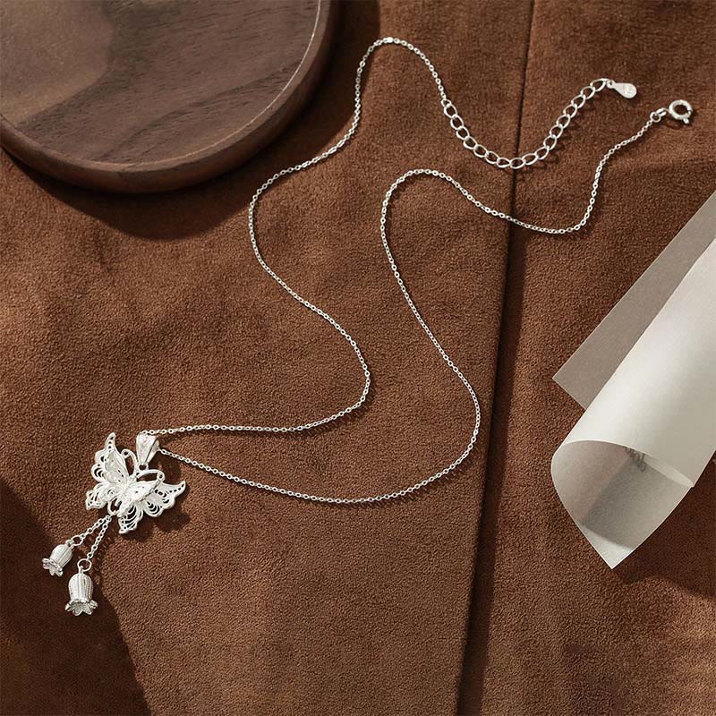 Buddha Stones 999 Sterling Silver Butterfly Lily Of The Valley Freedom Necklace Pendant