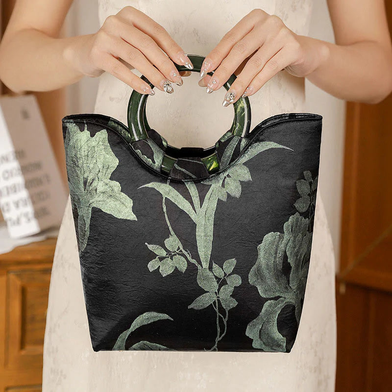 Buddha Stones Black Green Orchids Print Vintage Handbag