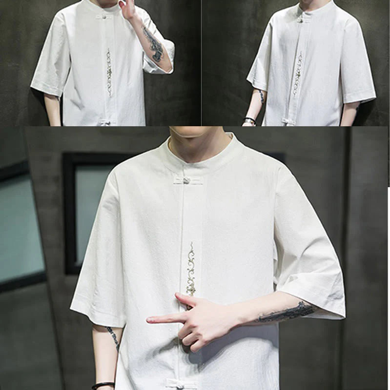 Buddha Stones Casual Solid Color Frog-Button Embroidery Men's Cotton Linen Shirt Cardigan
