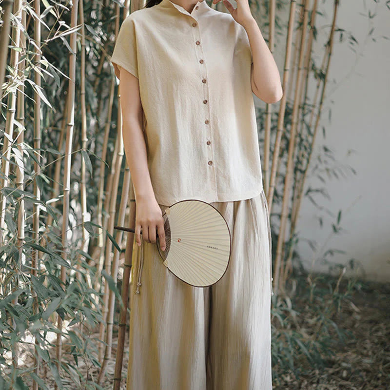 Buddha Stones Vintage Buttons Design Stand Collar Cotton Short Sleeve Women's Shirt