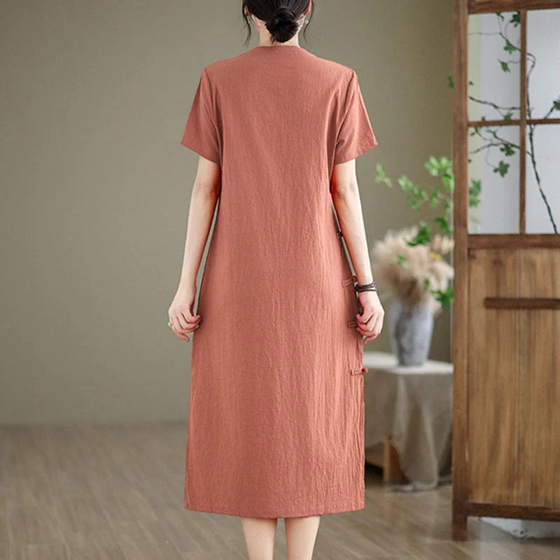 Buddha Stones Summer Vintage Pure Color Chinese Frog-Button Cheongsam Qipao Midi Dress