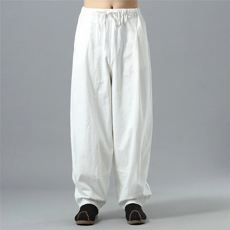 Buddha Stones Casual Solid Color Drawstring Cotton Linen Men's Pants With Pockets