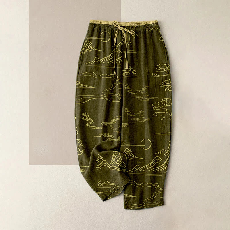 Buddha Stones Cotton Casual Mountain Moon Auspicious Clouds Pattern Women's Elastic Waist Pants With Pockets