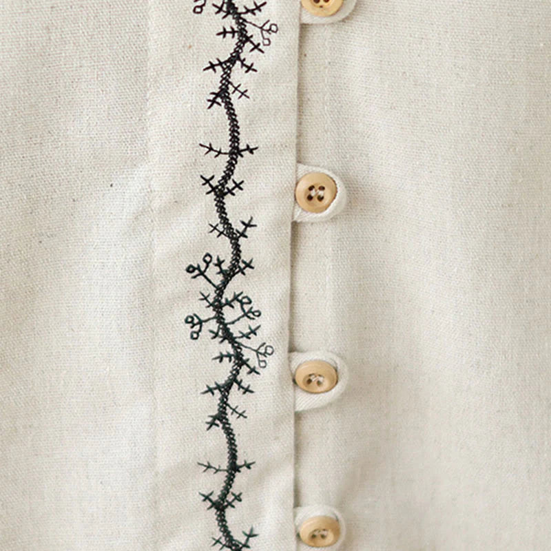 Buddha Stones Spring Embroidery Buttons Design Women's Cotton Peter Pan Collar Long Sleeve Shirt