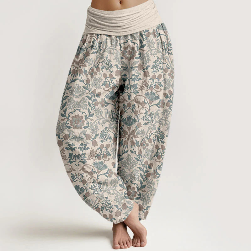 Buddha Stones Pure Cotton Complicated Flower Leaves Vine Pattern Women's Elastic Waist Harem Pants