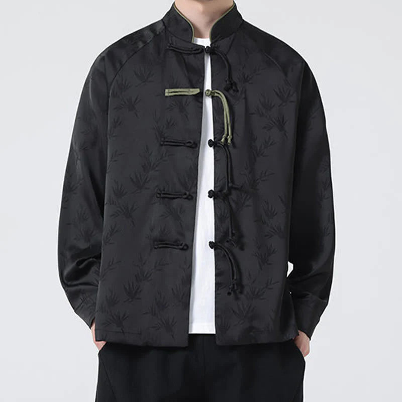 Buddha Stones Spring Jacquard Bamboo Leaves Pattern Chinese Frog-Button Design Men's Long Sleeve Shirt