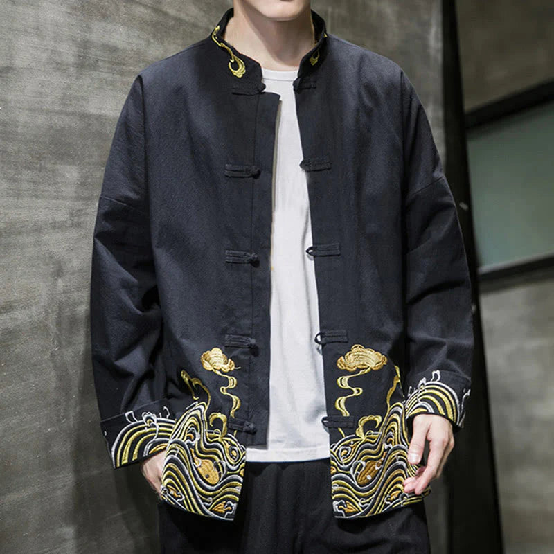 Buddha Stones Embroidered Clouds Frog-Button Long Sleeve Men's Cotton Tang Suit Jacket