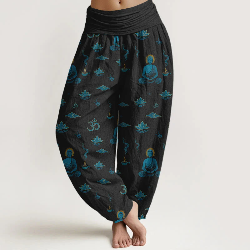 Buddha Stones Cotton Om Symbol Lotus Cloud Buddha Pattern Women's Elastic Waist Harem Pants