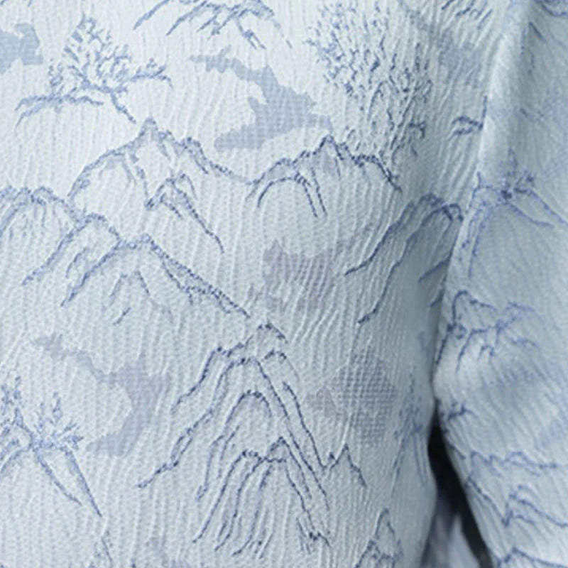 Buddha Stones Summer Mountain Pattern Jacquard Chinese Frog-Button Cotton Short Sleeve Men's Shirt