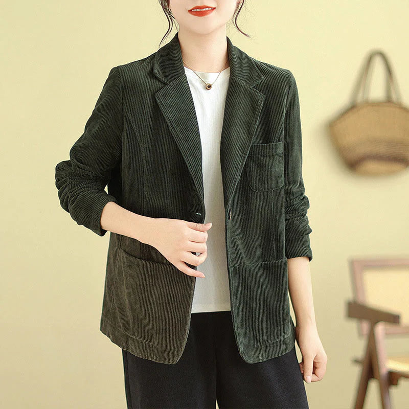 Buddha Stones Retro Plain Women's Long Sleeve Corduroy Jacket With Pockets