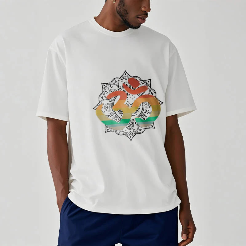 Buddha Stones Gradient-colored Om Sanskrit Mandala Background Pattern Cotton Tee T-shirt