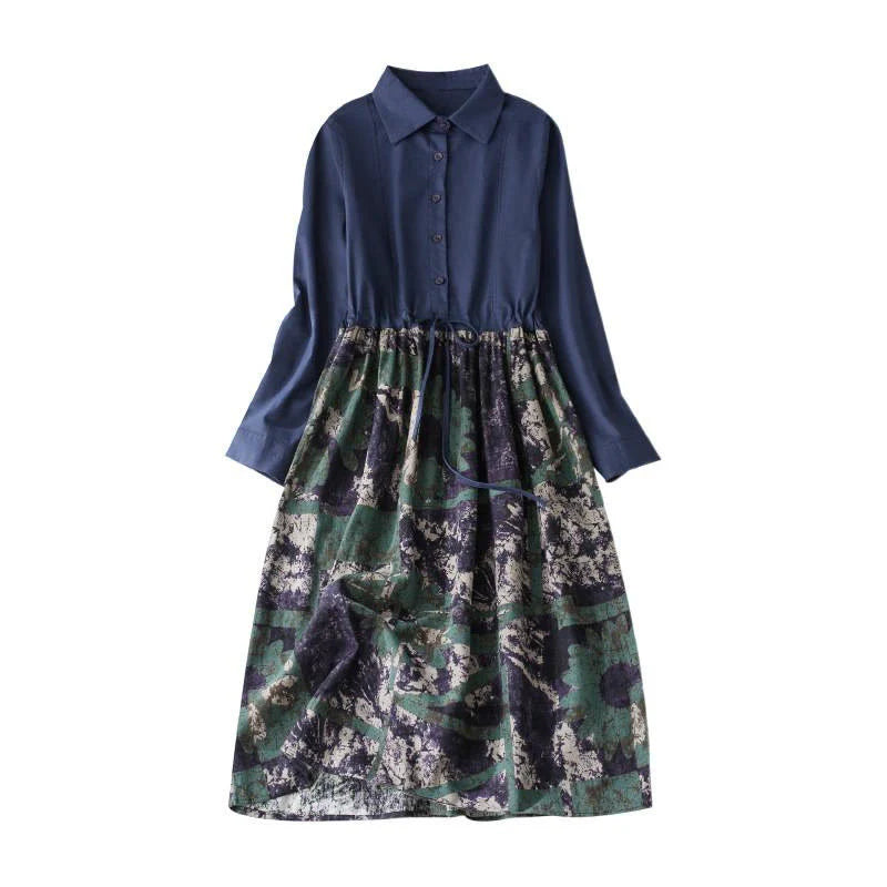 Buddha Stones Fall Printed Patchwork Design Drawstring Long Sleeve Linen Midi Dress With Pockets