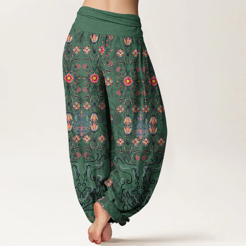 Buddha Stones Pure Cotton Blooming Multicolored Floral Women's Elastic Waist Harem Pants