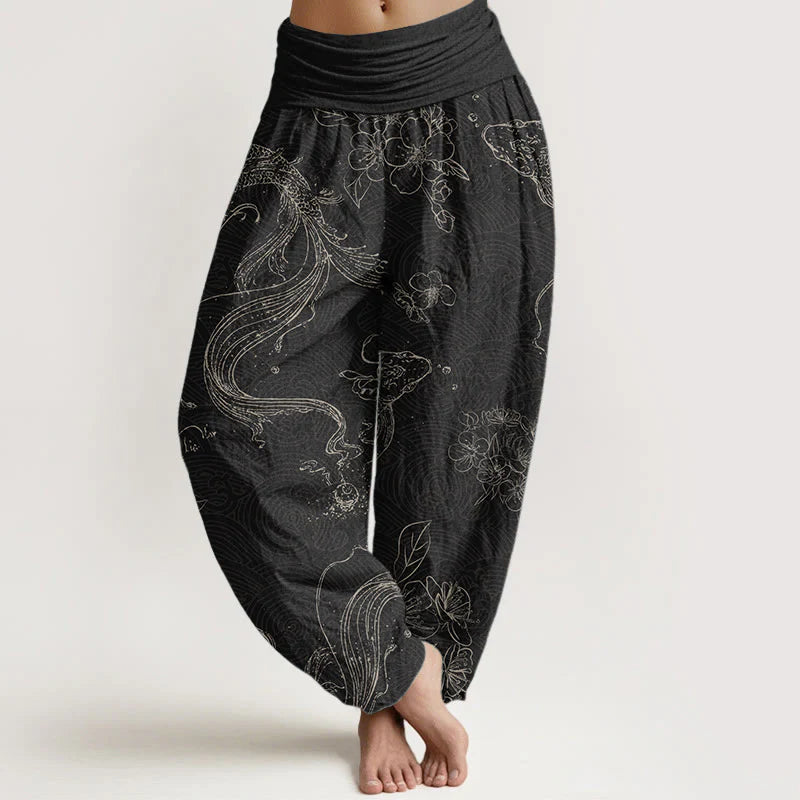 Buddha Stones Pure Cotton Koi Fish Floral Pattern Women's Elastic Waist Harem Pants