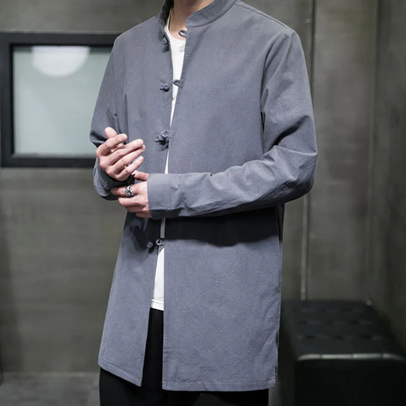 Buddha Stones Simple Tang Suit Plain Chinese Frog-Button Men's Cotton Long Sleeve Jacket Shirt