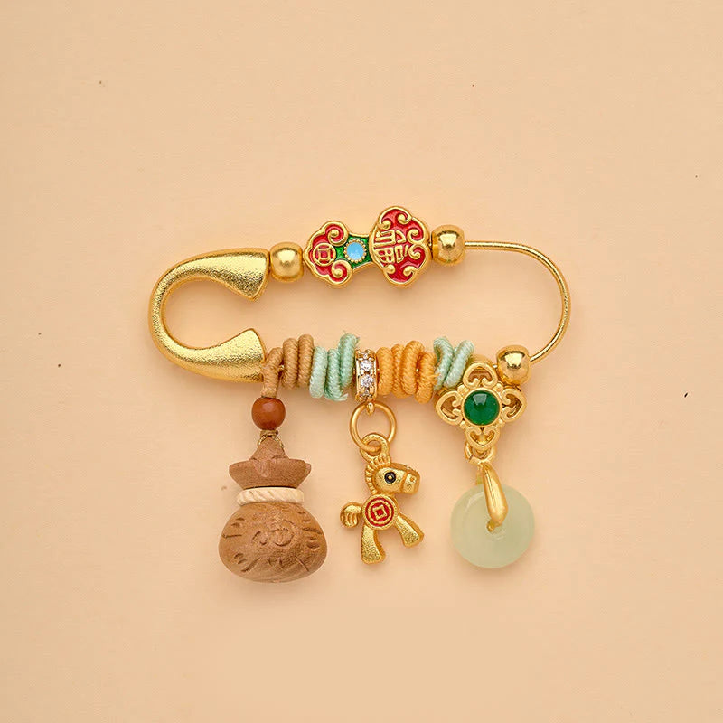 Buddha Stones Year Of The Horse Fu Character Lotus Attract Fortune Ruyi Handle Peace Buckle Luck Brooch