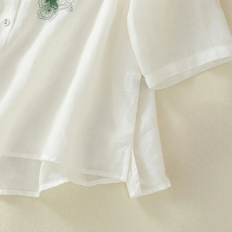 Buddha Stones Embroidery Pleated Design Stand Collar Three Quarter Sleeve Side Slit Hem Women's Cotton Shirt