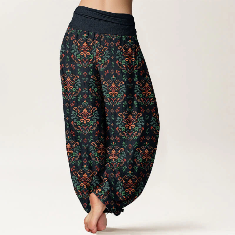 Buddha Stones Pure Cotton Retro Symmetrical Flower Leaf Pattern Women's Elastic Waist Harem Pants