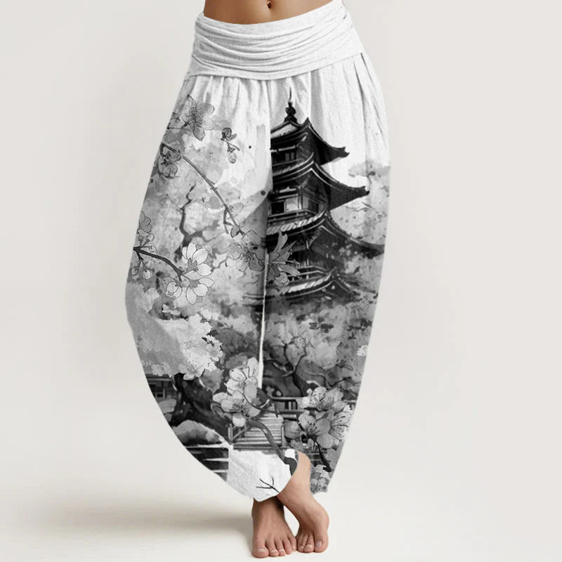 Buddha Stones Cotton Pavilion Cherry Blossom Pattern Women's Elastic Waist Harem Pants