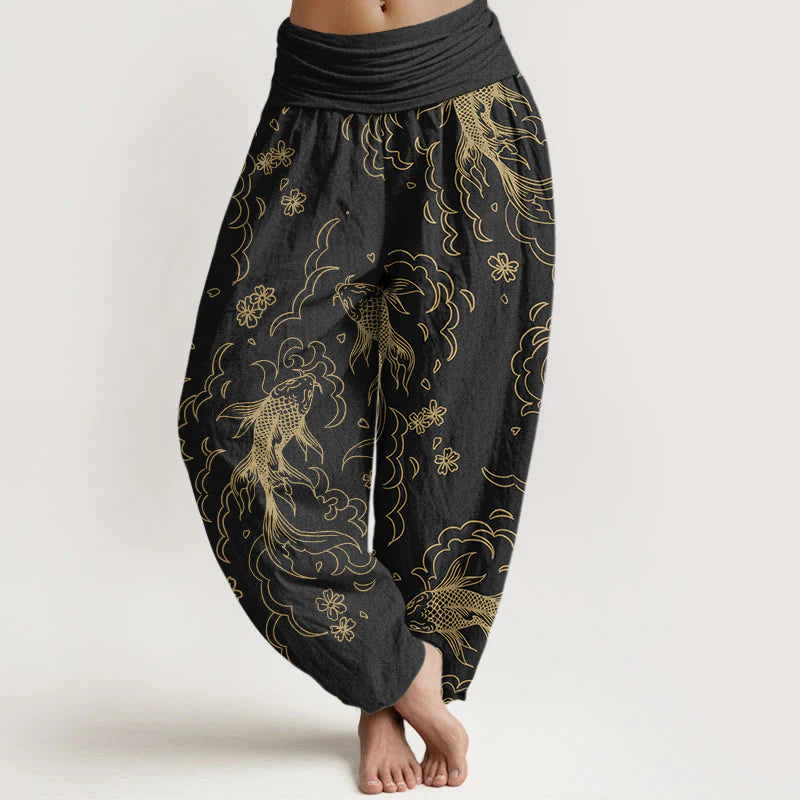 Buddha Stones Cotton Casual Koi Fish Waves And Petal Line Pattern Women's Elastic Waist Harem Pants