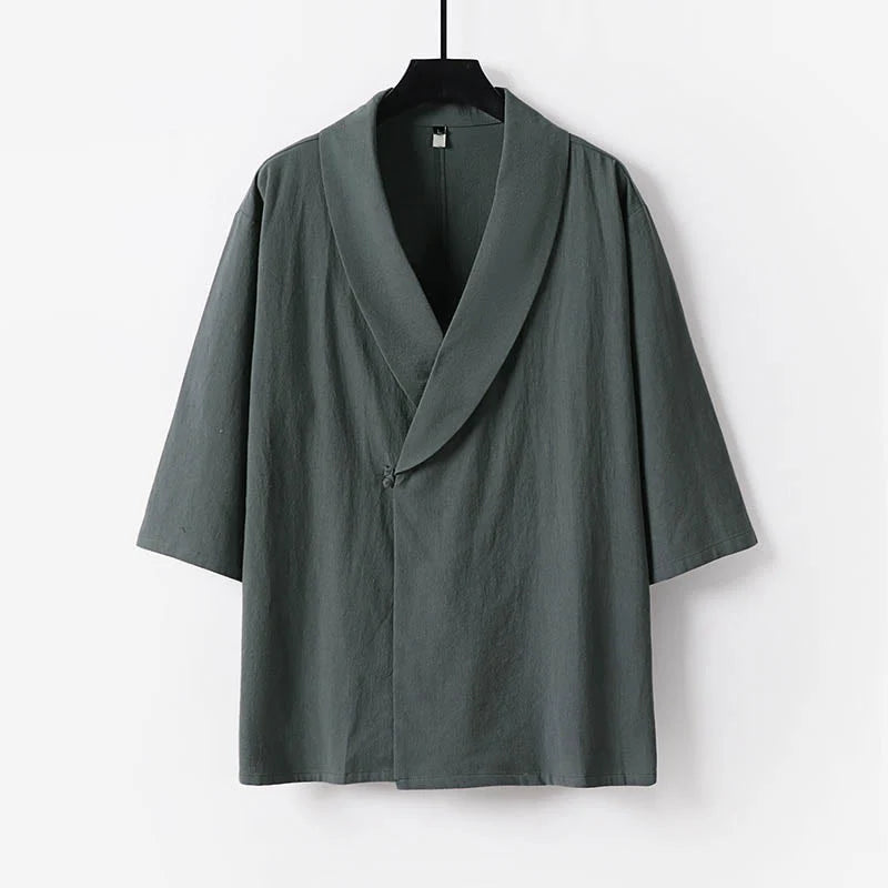 Buddha Stones Summer V-Neck Lapel Half Sleeve Cotton Linen Men's Shirt