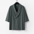 Buddha Stones Summer V-Neck Lapel Half Sleeve Cotton Linen Men's Shirt
