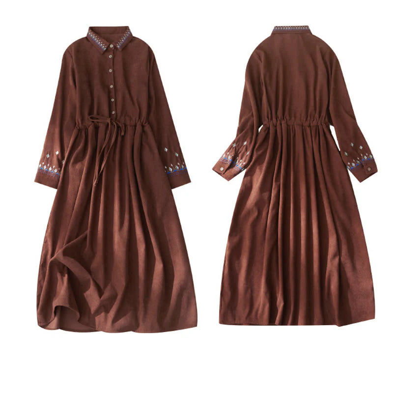 Buddha Stones Embroidered Floral Pattern Lace-up Design Long Sleeve Midi Dress With Pockets