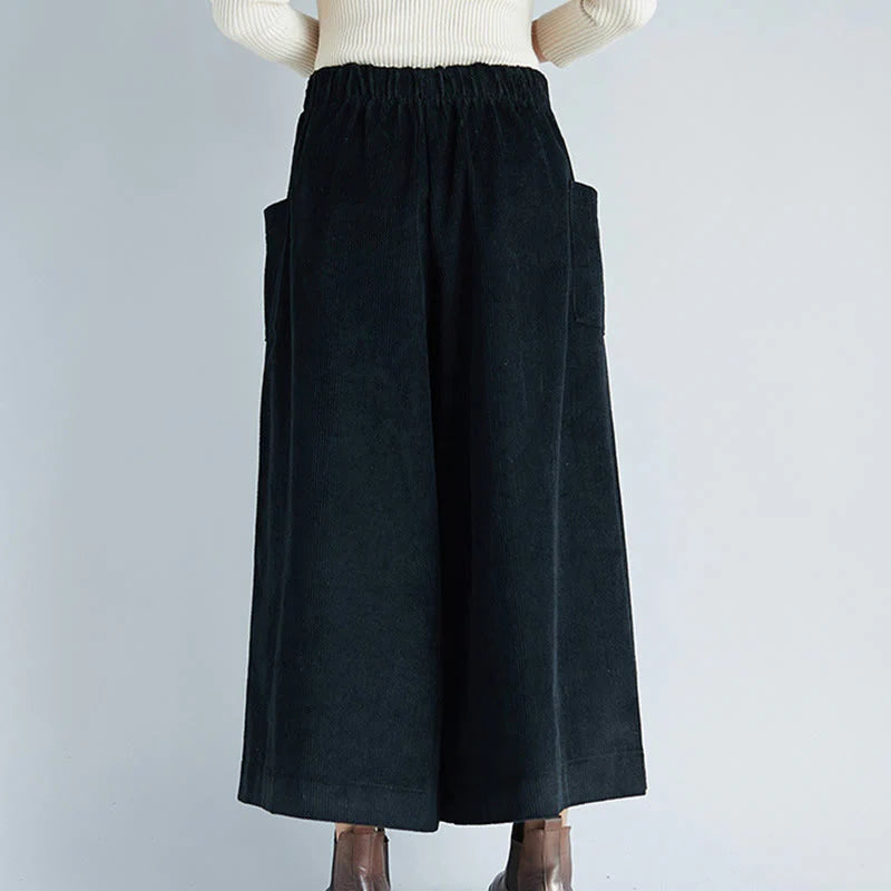 Buddha Stones Women's Plain Side Zipper Design Wide Leg Corduroy 7-8 Length Pants With Pockets