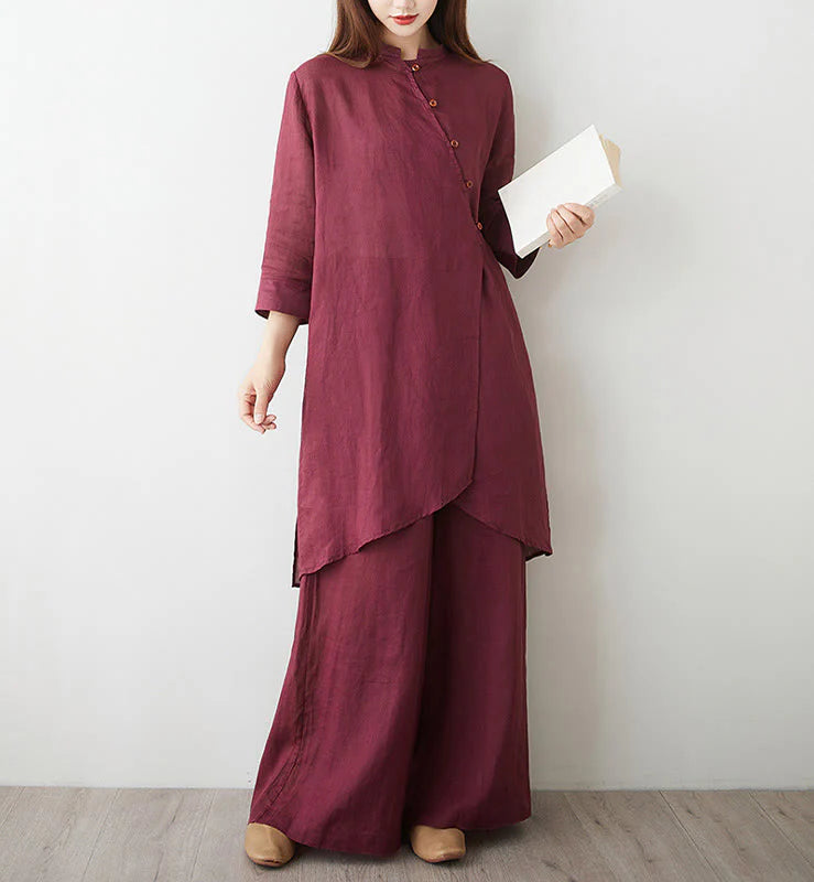 Buddha Stones 2Pcs Three Quarter Sleeve Shirt Top Pants Meditation Zen Tai Chi Cotton Linen Clothing Women's Set