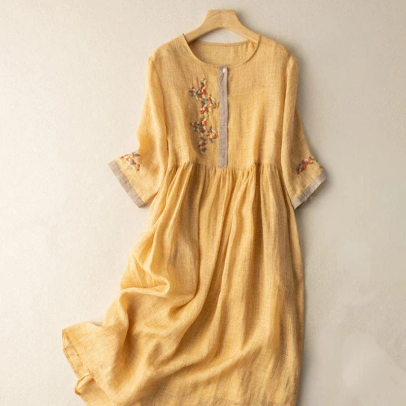 Buddha Stones Spring Ethnic Embroidery Half Sleeve Cotton Linen Women's Midi Dress