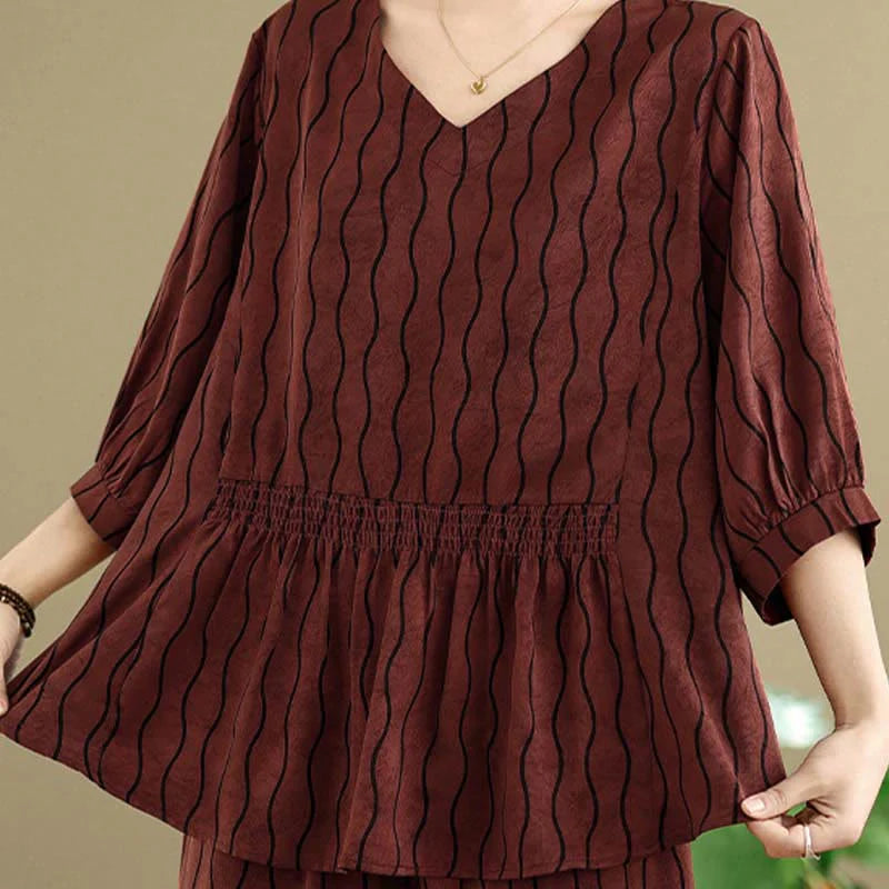 Buddha Stones 2pcs Striped Pattern Short Sleeve Shirt Polyester 7 Length Harem Pants Set With Pocket