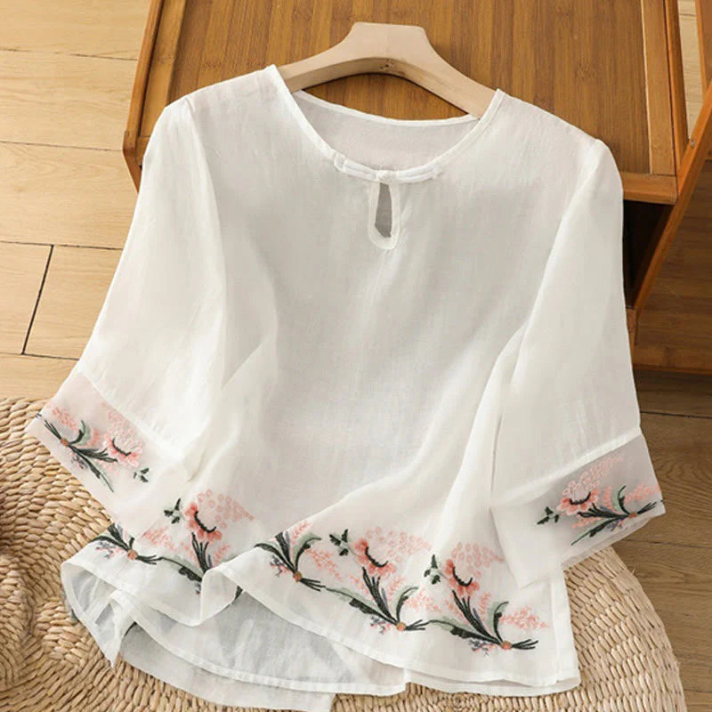 Buddha Stones Casual Floral Embroidery Crew Neck Women's Frog-Button Polyester Half Sleeve Shirt
