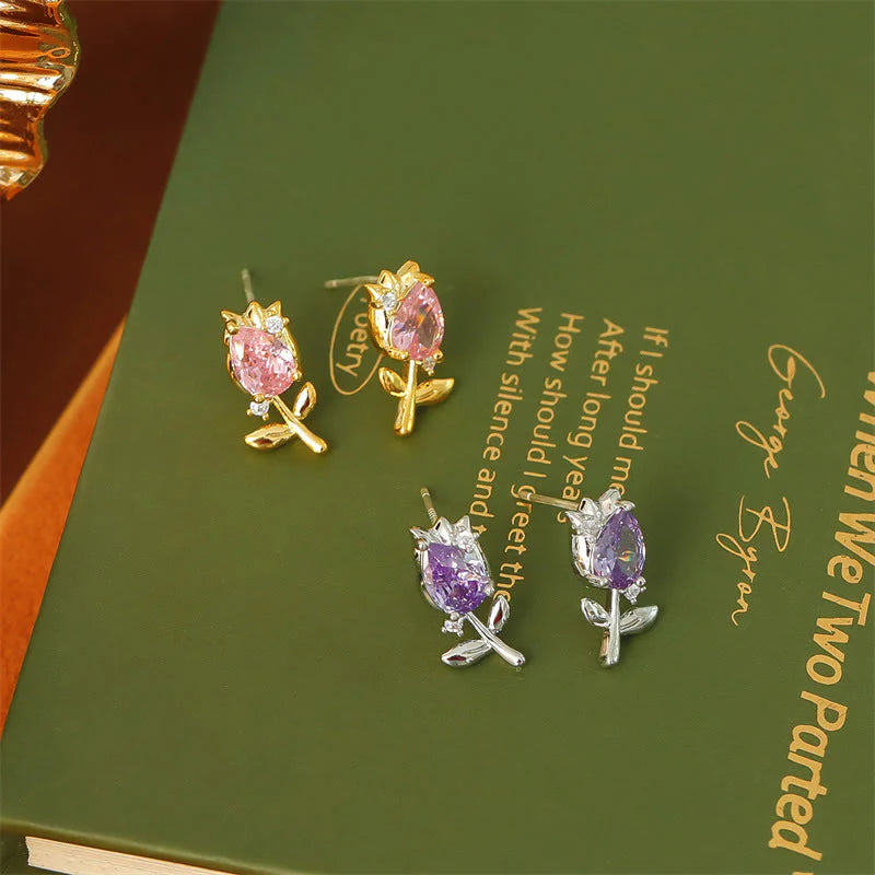 Buddha Stones Pink Purple Tulip Zircon Copper Healing Stud Earrings