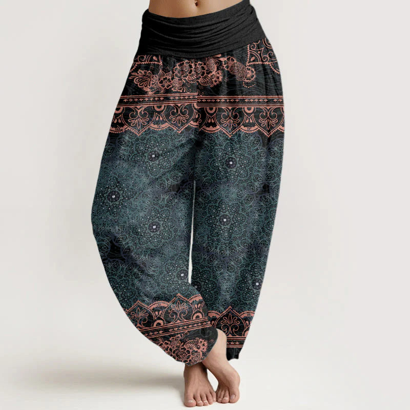 Buddha Stones Cotton Elegant Mandala Flowers Design Women's Elastic Waist Harem Pants