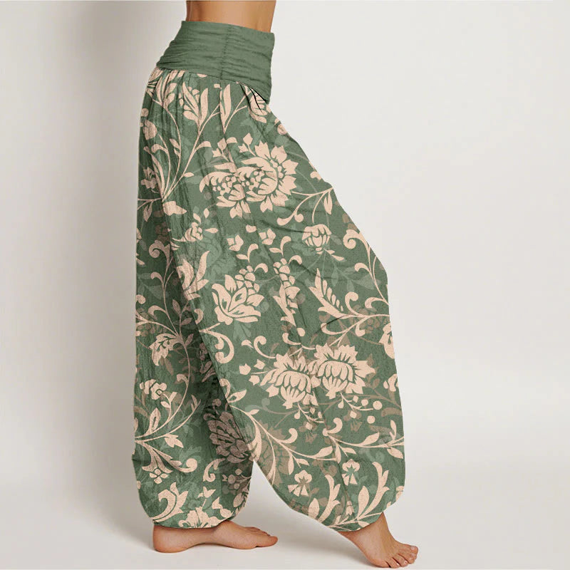 Buddha Stones Cotton Understated Luxury Flower Vine Pattern Women's Elastic Waist Harem Pants