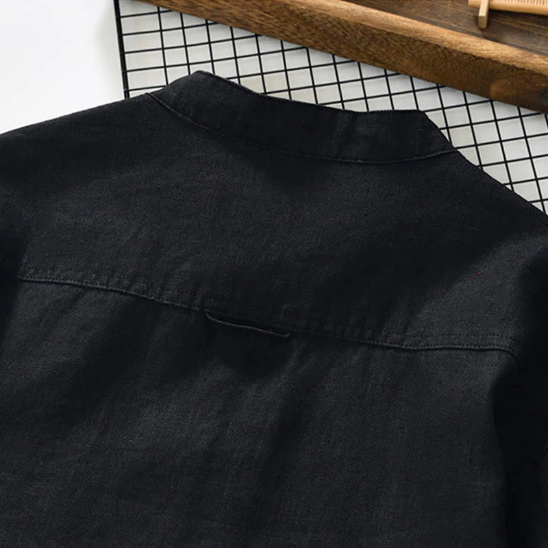 Buddha Stones Fall Solid Color Buttons Down Stand Collar Three Quarter Sleeve Linen Men's Shirt With Pockets