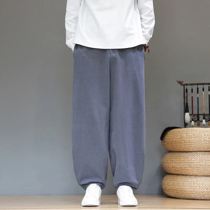 Buddha Stones Fall Sports Men's Pure Color Button Design Cotton Pants With Pockets