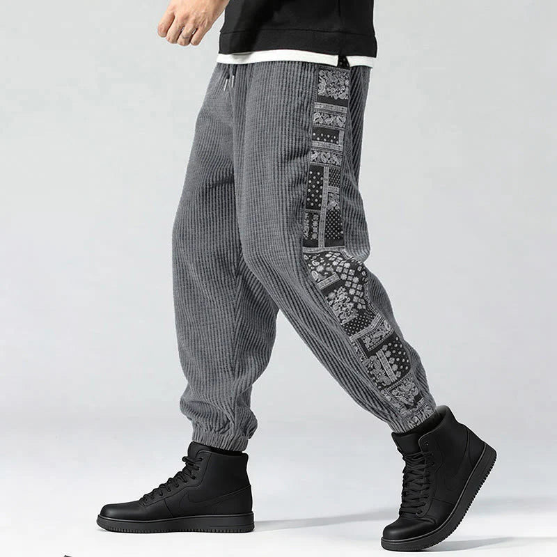 Buddha Stones Fall Solid Drawstring Side Paisley Pattern Straight Leg Ankle-length Corduroy Men's Pants With Pockets