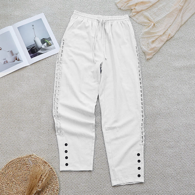 Buddha Stones Summer Plain Color Splicing Design Cotton Linen Women's Pants With Pockets