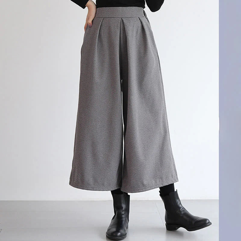 Buddha Stones Plain Elastic Waistband Design Women's 7-8 Length Wide Leg Pants With Pockets